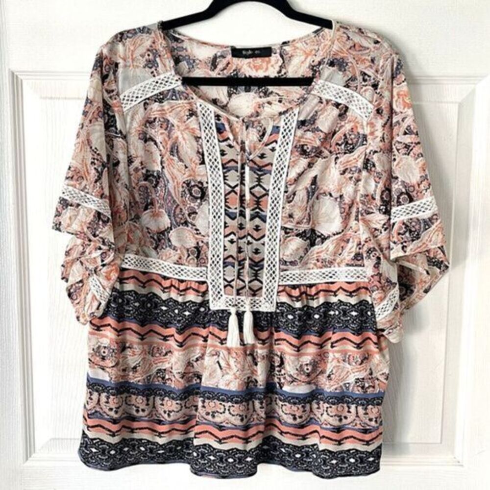 Style & Co Peasant Boho Blouse Pullover Peplum‎ Hem Kimono Sleeve Size L Tassel